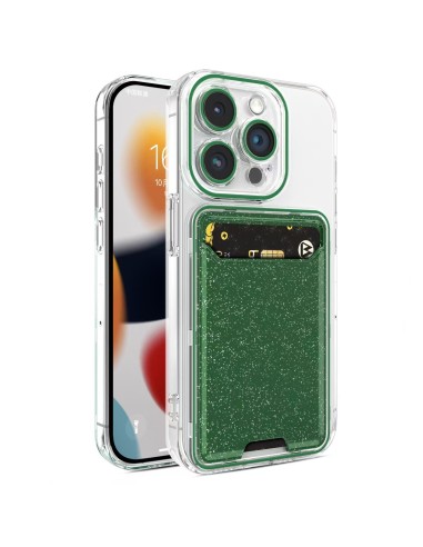 COQUE SOUPLE TRANSPARENTE AVEC COMPARTIMENT A CARTES PAILLETÉ