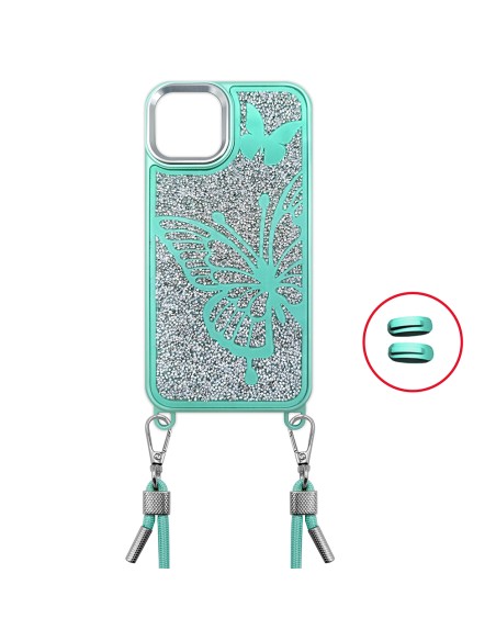 COVER RIGIDA BUTTERFLY GLITTER CON LACCIO DA COLLO