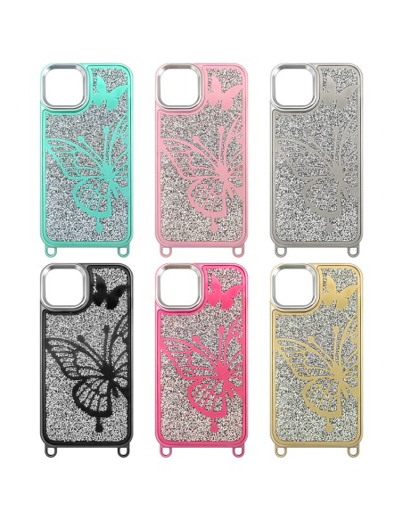 COVER RIGIDA BUTTERFLY GLITTER CON LACCIO DA COLLO