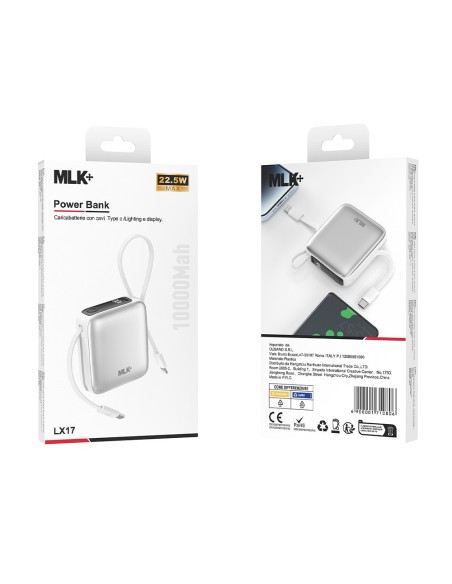 MLK+ POWER BANK 10000mAh 22.5W CON CAVI TYPE-C E LIGHTNING INTEGRATI