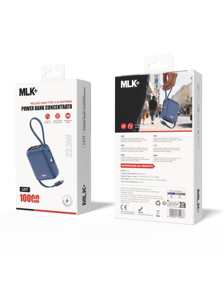 MLK+ POWER BANK 10000mAh 22.5W CON CAVI TYPE-C E LIGHTNING INTEGRATI