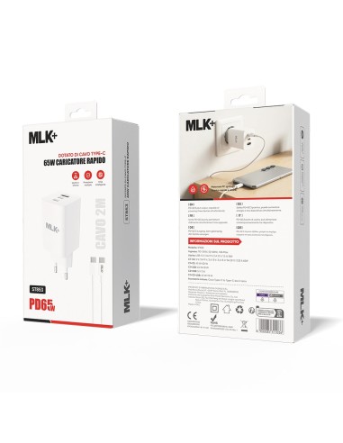 MLK+ FAST CHARGE ADAPTER WITH DUAL USB-C, USB-A, AND TYPE-C CABLE, 65W