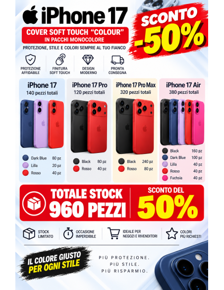 STOCK COVER SOFT TOUCH iPhone 17 Series - 960pz  in pacchi monocolore
