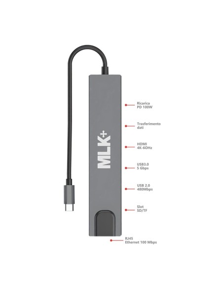 MLK+ HUB MULTIPORTA USB-C 8 IN 1 CON HDMI 4K, ETHERNET, LETTORI SD/TF E PORTE USB