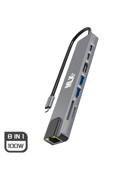MLK+ HUB MULTIPORT USB-C 8-EN-1 AVEC HDMI 4K, ETHERNET, LECTEURS DE CARTES SD/TF ET PORTS USB